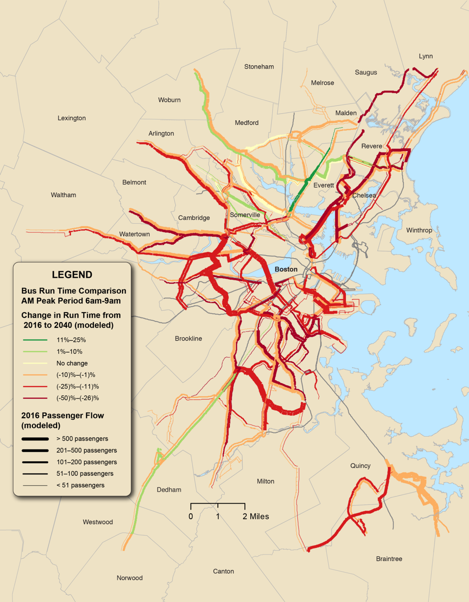 Figure 4: Change in Bus Run Times on High Ridership Routes; 2016 Baseline and 2040 No-Build Scenarios
Figure 4 is a map of the eastern part of the Boston region showing bus routes. A colored overlay shows the estimated change in bus run times, predicted by modeling, between the years 2016 and 2040. The volume of bus passengers on the routes, as of 2016, is indicated.